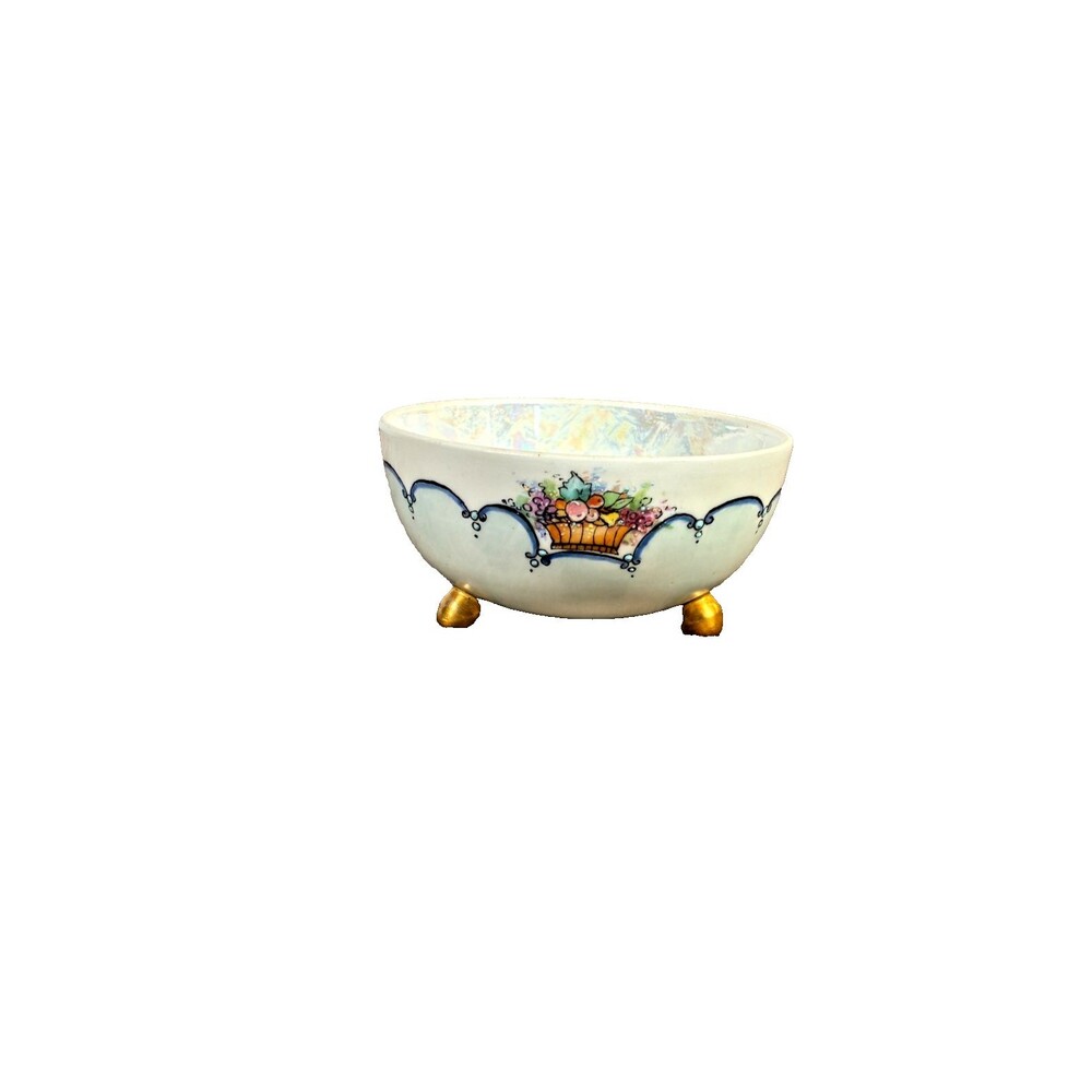 Vintage Made in Japan Footed Porcelain Bowl Lusterware Floral Basket Trinket Dis